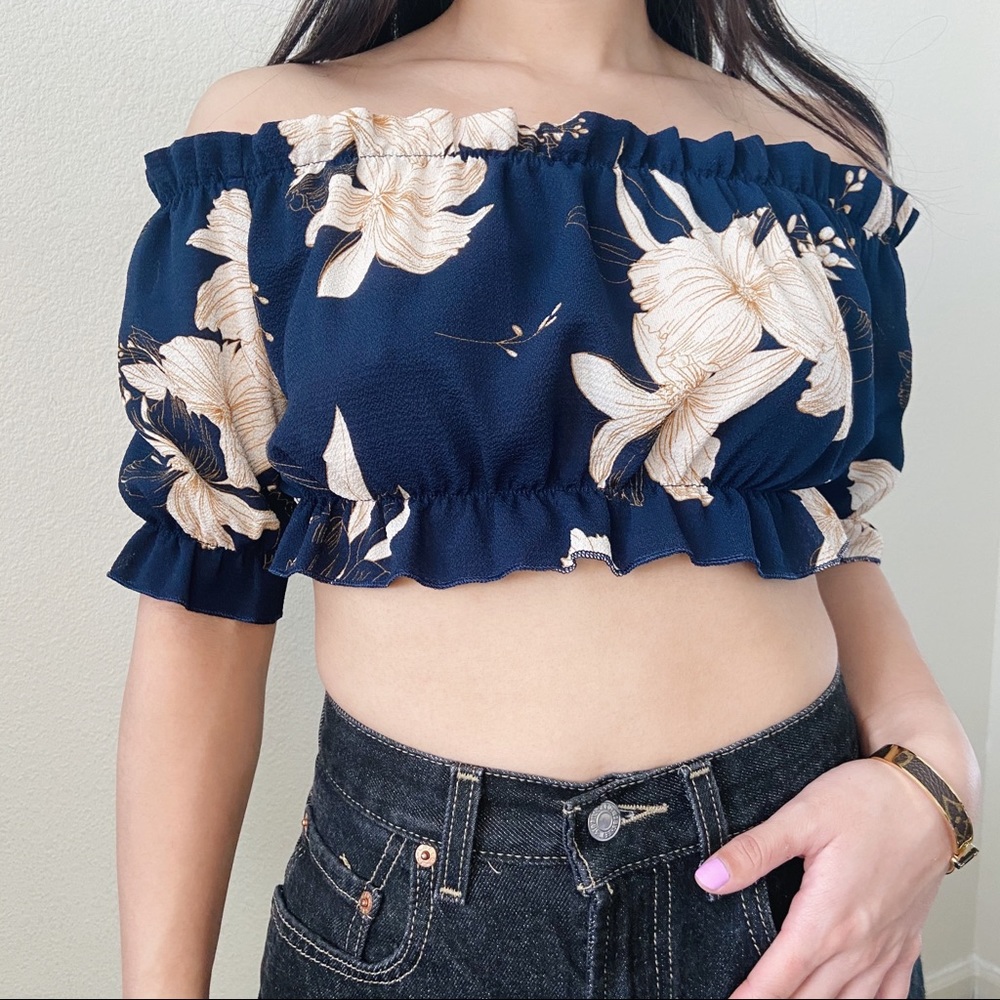 Navy Blue Floral Crop Top